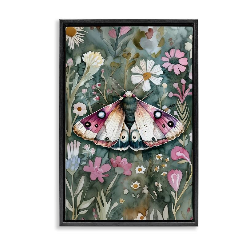 Stupell Beautiful Moth over Florals Framed Floater Canvas Wall Art Design By The Dutch Lady - 21 x 31 - Black