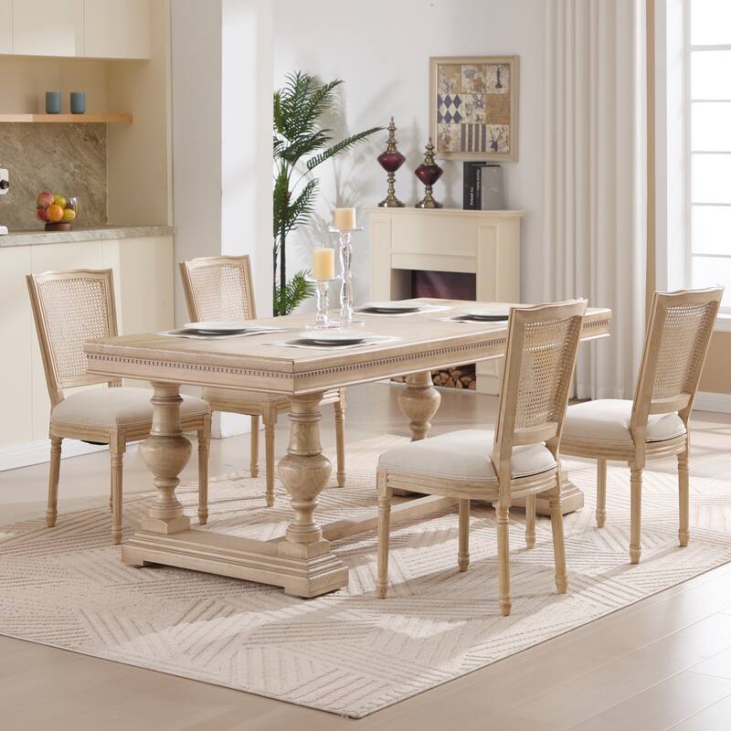 Dining Chairs Set of 2, Upholstered Chairs with Nature Rattan T-shaped Back, Wire Drawing and Carving Techniques,Disassemblable