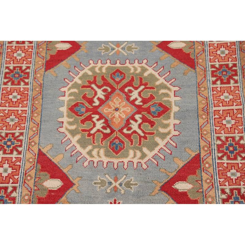 Geometric Kazak Accent Rug Hand-Knotted Oriental Blue Wool Carpet - 3'3"x 5'0"