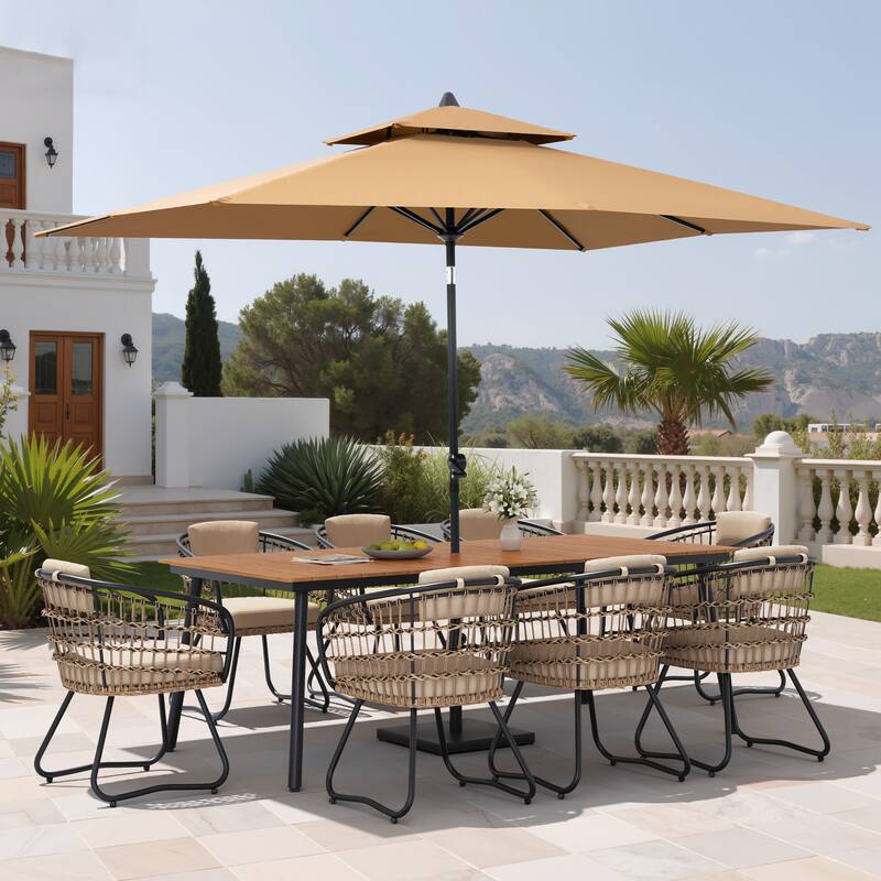 11PC Outdoor Patio Dining Set Wood-Like Aluminum Umbrella Hole Table with Rattan Chairs,Double Top Market Umbrella and Base - BrownTable&BeigeChairs
