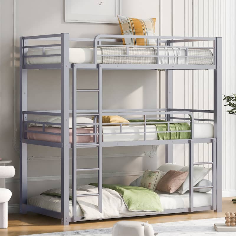 Metal Twin Size Triple Bunk Bed with Safety Guardrail and Ladder, Metal Bunk Bed Frame, No Box Spring Needed for Kids