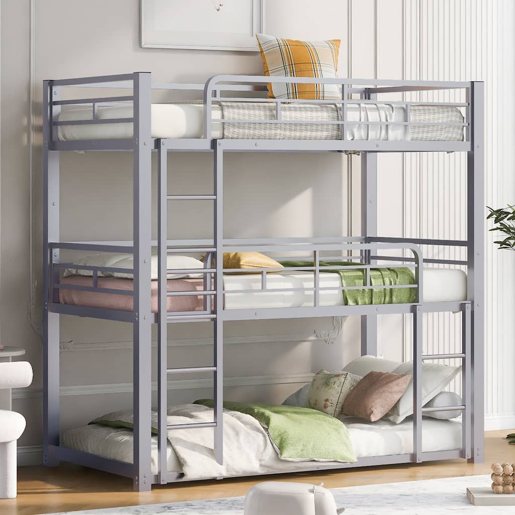Silver Twin Size Metal Triple Bunk Bed with Ladder and Fence for Kids