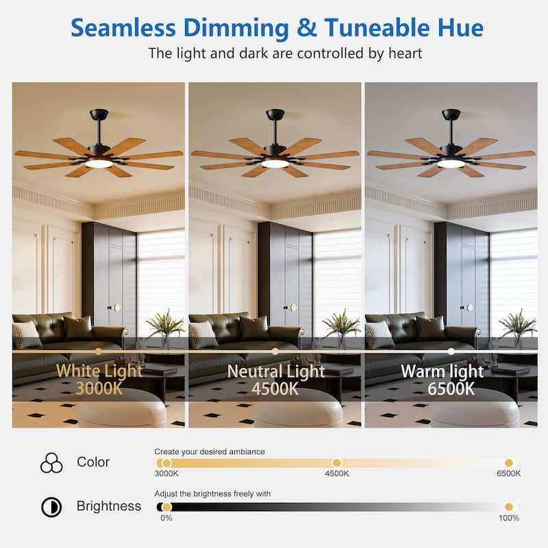 52 Inch Ceiling Fan with Lights and Remote Control, 8 Plywood Blades, 6-Speed Noiseless Reversible DC Motor