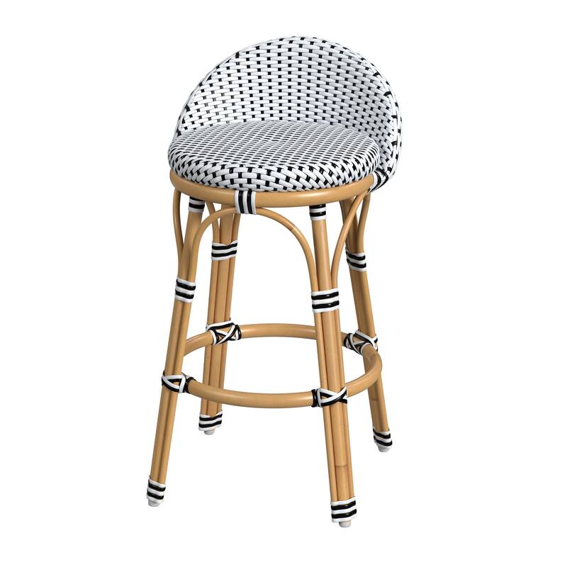 Tobias Outdoor Rattan and Metal Low Back Counter Stool - Black/White