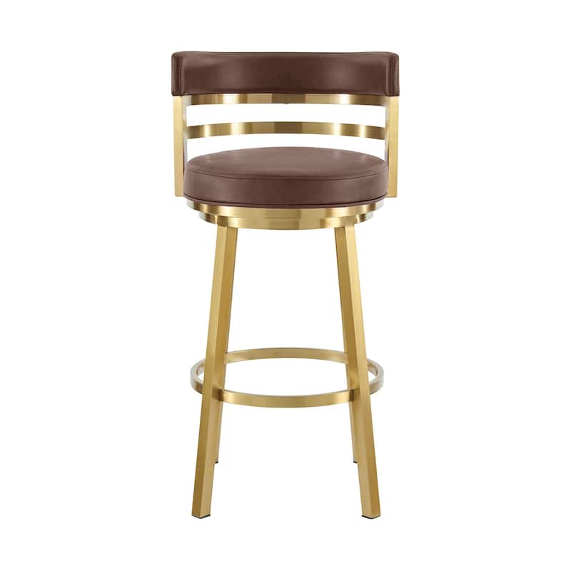HomeRoots 26" Coffee and Gold Faux Leather and Stainless Steel Low Back Counter Height Swivel Bar Chair