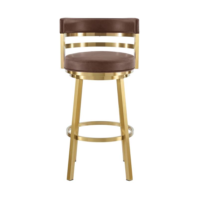 HomeRoots 30" Coffee and Gold Faux Leather and Stainless Steel Low Back Bar Height Swivel Bar Chair