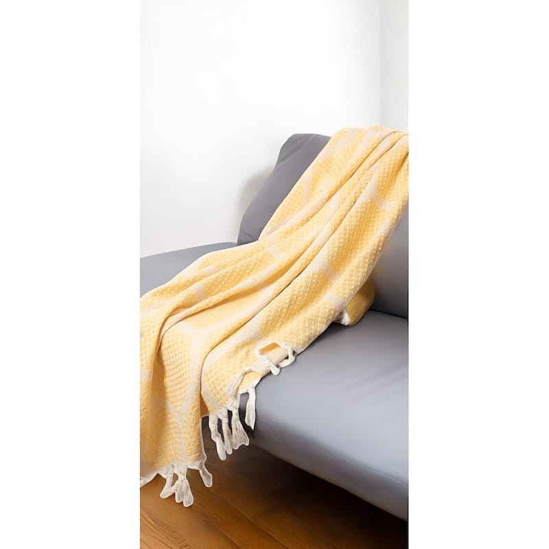 60" X 50" Yellow Woven Cotton Geometric Throw Blanket with Fringe - Throw