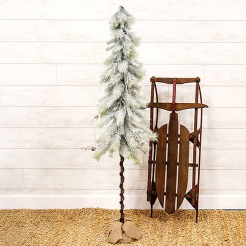 Snowy Bristle Pine and Boughs Tree with Burlap Base Rustic Flocked Green Needles Pinecones