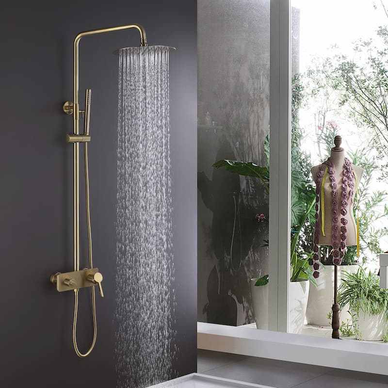 Exposed Pipes Tub and Shower Faucet With Rough-in Valve Wall Mount Shower System With Hand Shower Brushed Gold