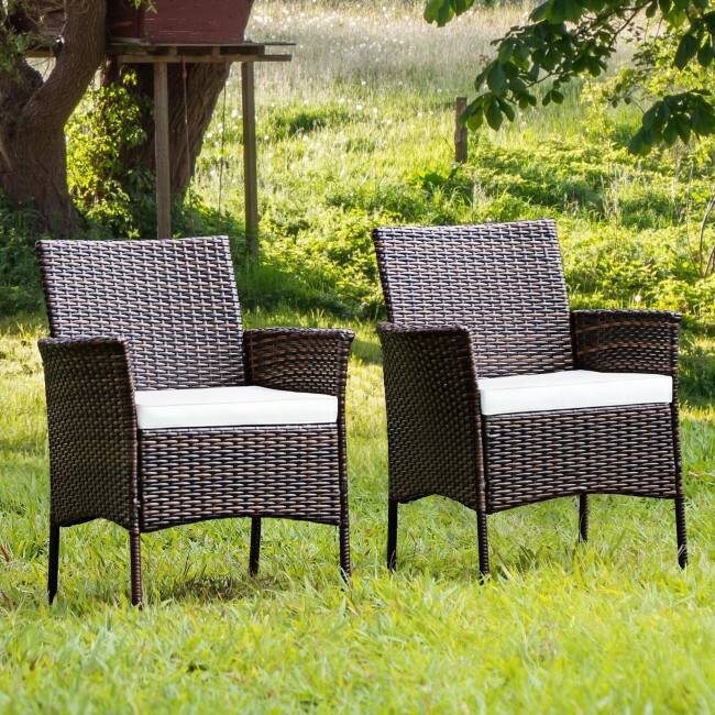 2 Pieces Rattan Arm Dining Chair Cushioned Sofa Furniture Patio - 25'' x 23'' x 33'' (L x W x H)