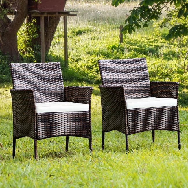 2 Pieces Rattan Arm Dining Chair Cushioned Sofa Furniture Patio - 25'' x 23'' x 33'' (L x W x H)