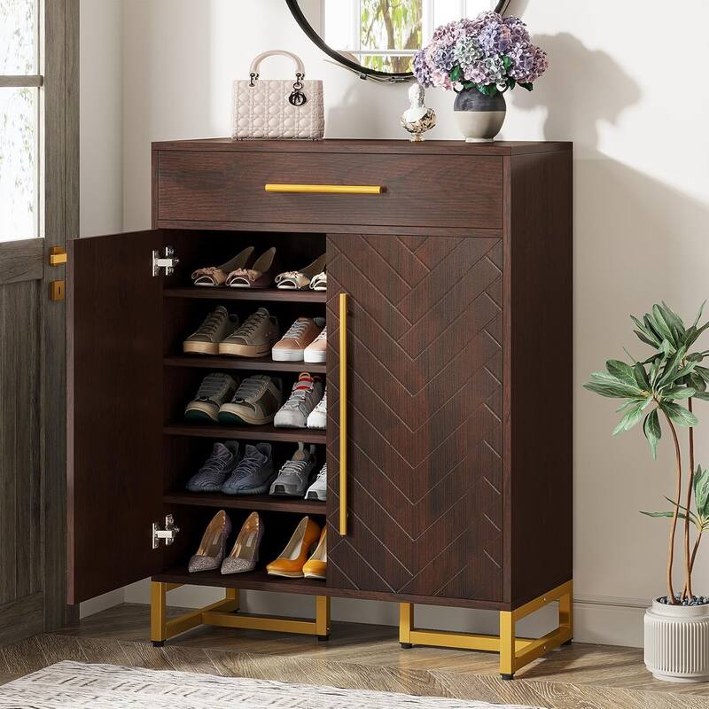 31.5" Walnut & Gold Wooden Shoe Storage Cabinet