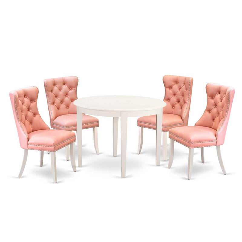 5-Piece Linen White Solid Wood Top - Round Upholstered Dining Room Set - Seats-4