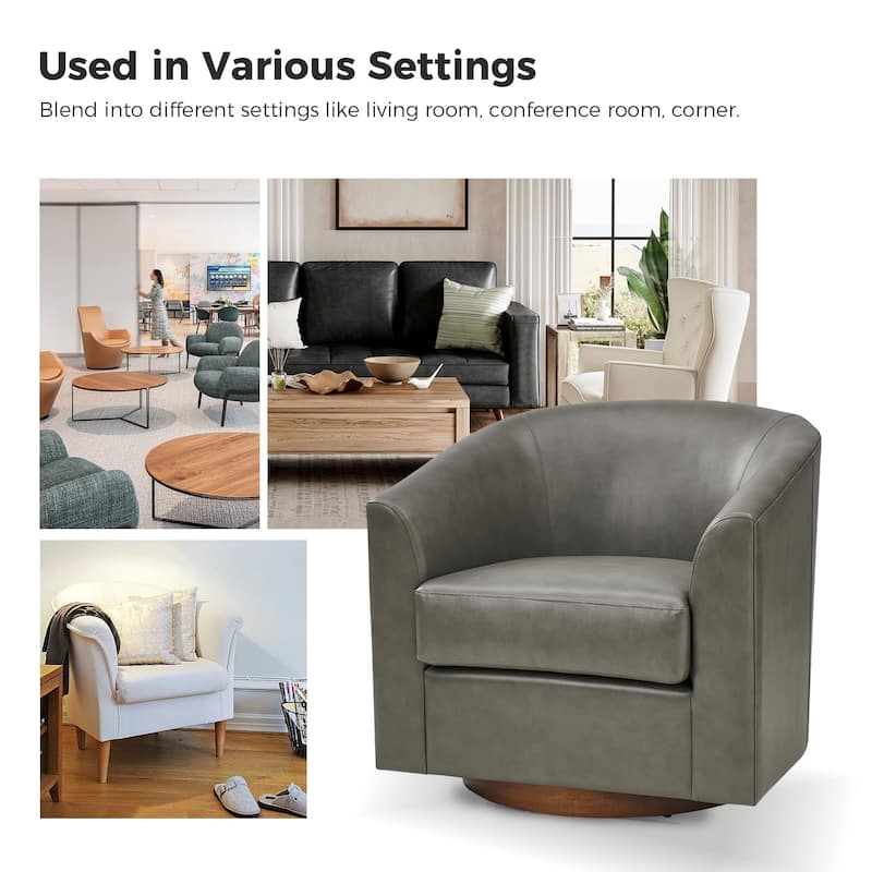 Haley Modern Swivel Barrel Faux Leather Chair with Solid Wood Base by HULALA HOME