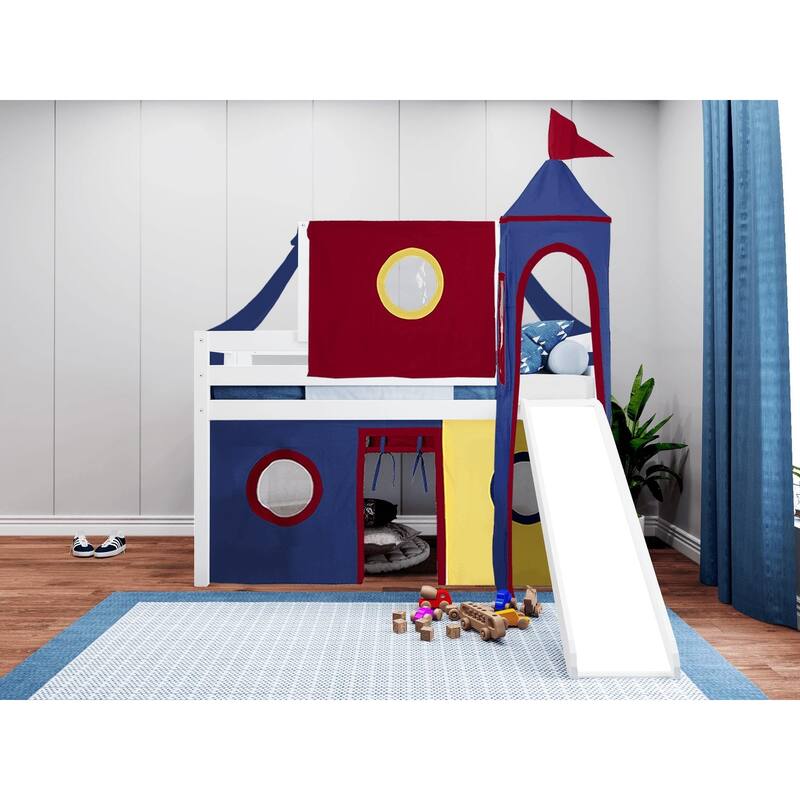 JACKPOT Prince & Princess Low Loft Twin Bed, Ladder Slide Tent & Tower