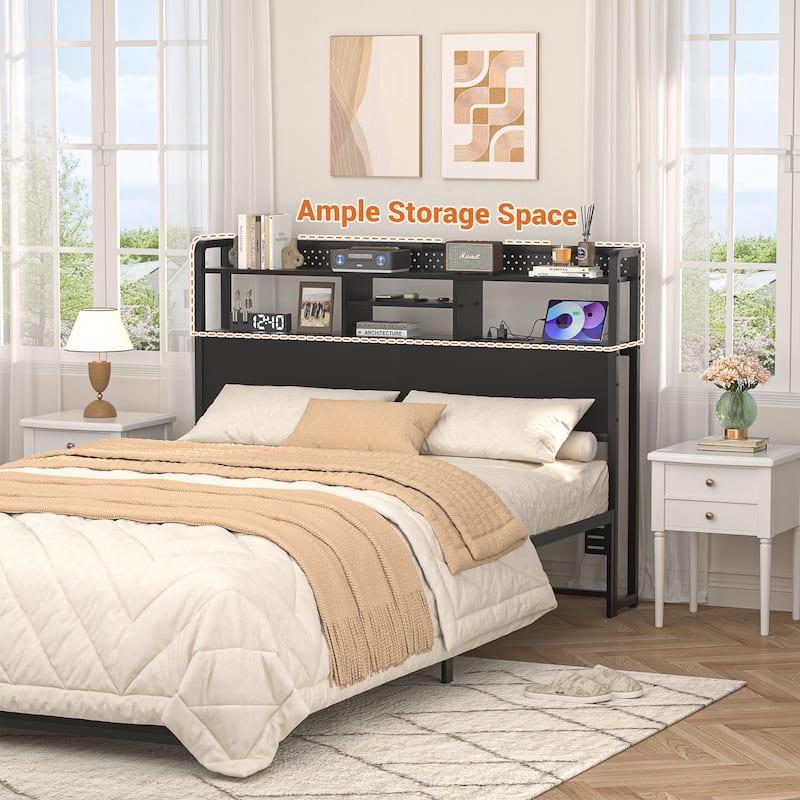 Bed Headboard with Storage Shelf and Charge Station, Height Adjustable Headboard with LED Light