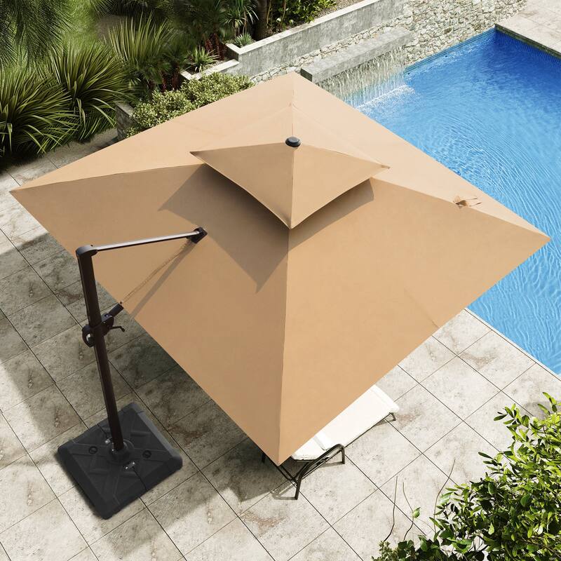 Outdoor Square 360 Degree Rotation Patio Cantilever Offset Umbrella with Base - Tan