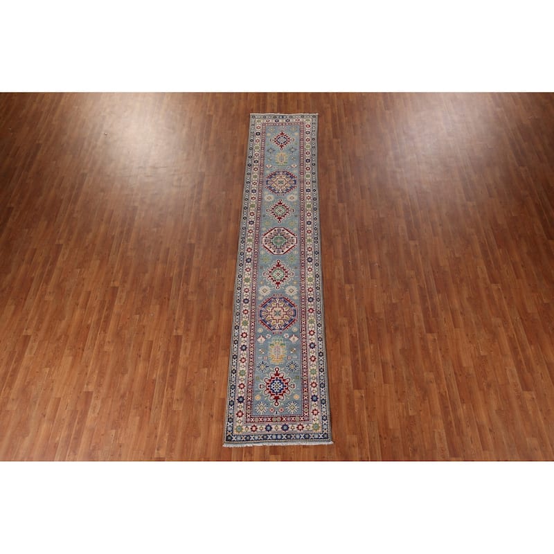 Light Blue Kazak Oriental Runner Rug Handmade Geometric Wool Carpet - 2'7" x 12'7"