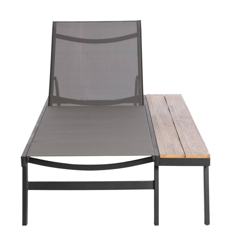 Outdoor chaise lounge with mesh seating with wooden side table