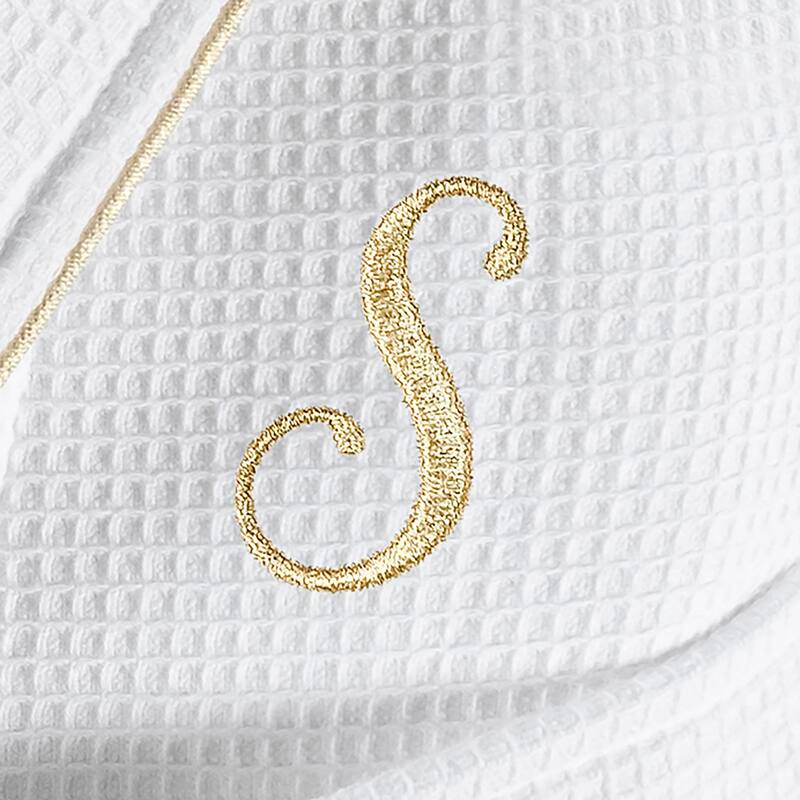 Authentic Hotel and Spa White/Gold Unisex Turkish Cotton Waffle Weave Terry Bath Robe with Gold Script Monogram - L/XL - S