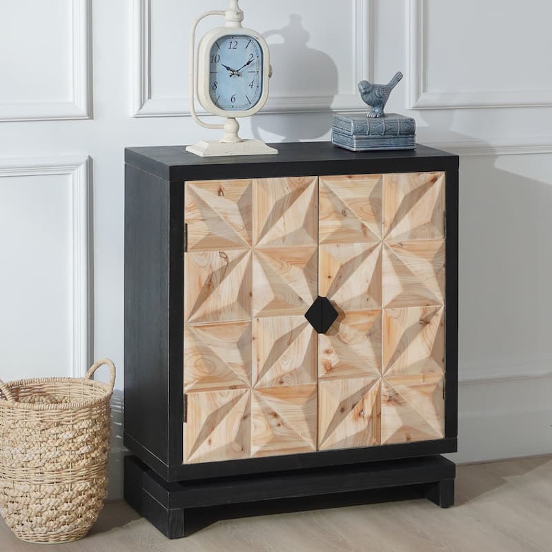 Roomfitters 3D Geometric Carved Double-Door Cabinet, Modern Black and Natural Wood Storage Sideboard - Black+Natural
