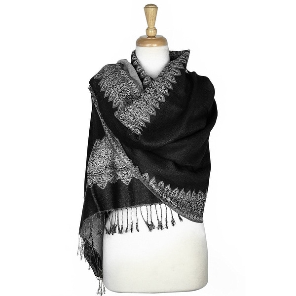 Pashmina Shawl Scarf Wrap Border Pattern Double Layered Reversible - 28" x 70"