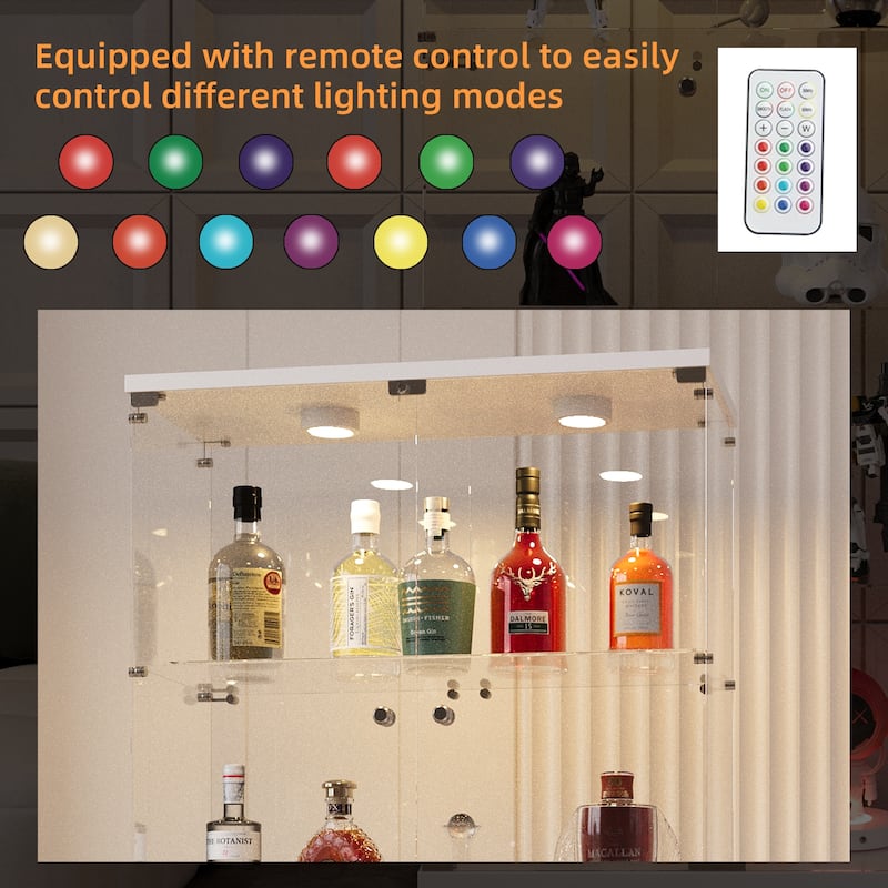 Tempered Glass Display Cabinet with Door Lock, Adjustable Feet and Colorful LED Lights, Wine Storage Curio Cabinet