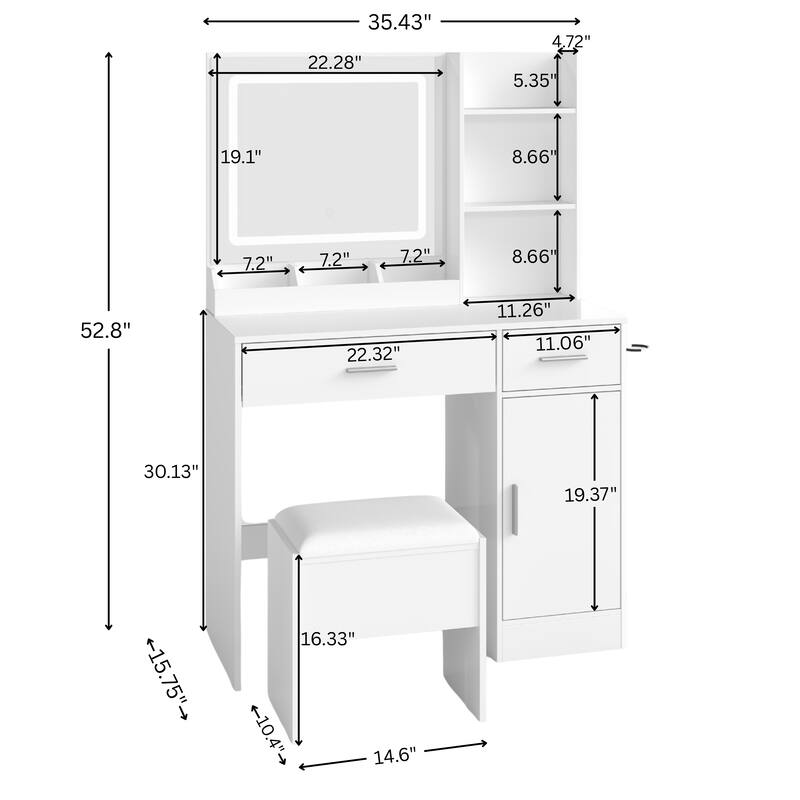 2-Piece Vanity Set with Upholstered Stool, Makeup Vanity Desk with LED Light Mirror and Charging Station