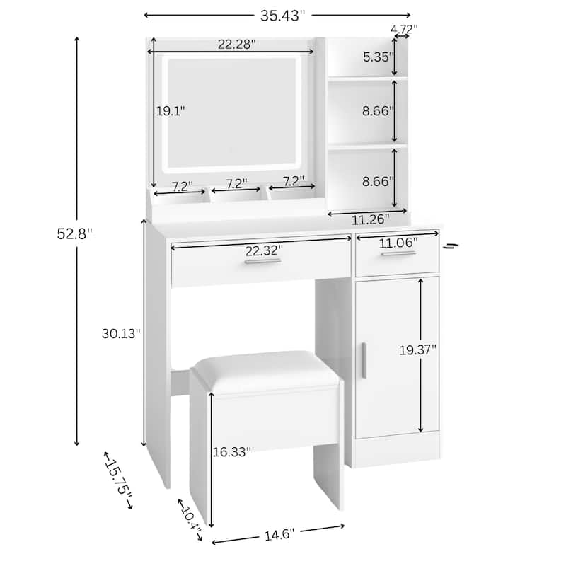 Makeup Vanity Set, Vanity Desk with Stool, LED Light Mirror and Charging Station