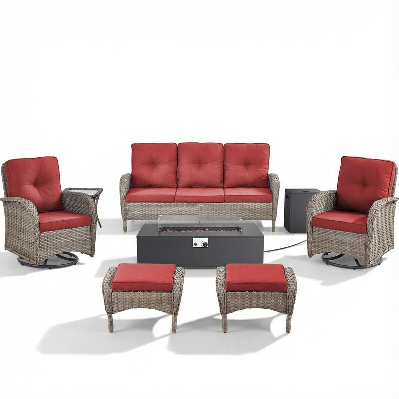 Pocassy 5/7 Piece Sofa Swivel Chair Ottoman with Fire Pit Table