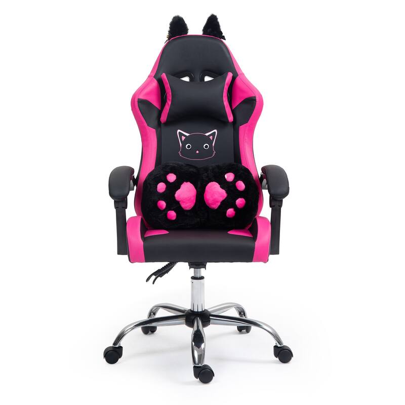 Cute Gaming Chair with Cat Paw Lumbar Cushion and Cat Ears, Ergonomic Computer Chair,Reclining PC Game Chair
