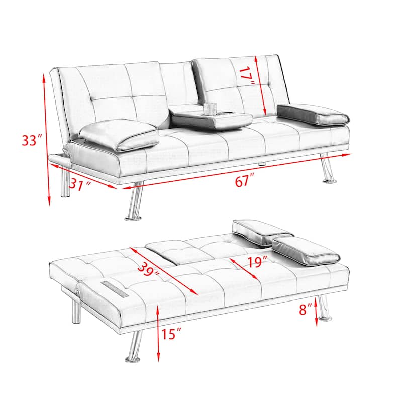 Adjustable Loveseat Couch PU Leather Sleeper Sofa Bed w/ Folding Table