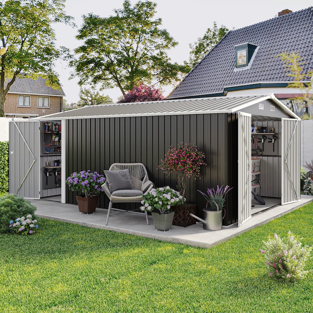 Outdoor Storage Shed 10×14 FT with 3 Lockable Doors,4 Air Vents & Sloped Roof,Utility Metal Storage Sheds,4 Vents