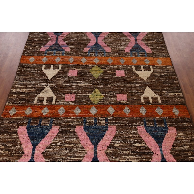 Brown Geometric Moroccan Area Rug Hand-Knotted Wool Carpet - 6'10" x 9'10"
