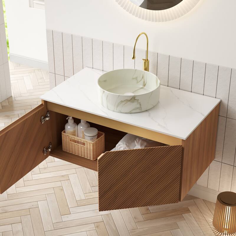 36" Bathroom Vanity with Vessel Sink, Wall-Mounted Floating Storage Cabinet with Double Doors