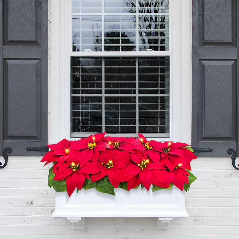 Puleo International 24" Pre-Lit Battery-Operated Artificial Red Poinsettia Window Box Décor - Red