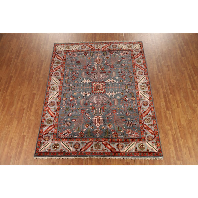 Hand Knotted Oriental 100% Wool Carpet Traditional Geometric Navy Blue & Blues Heriz (serapi) Area Rug - 10' 0'' X 7' 10''