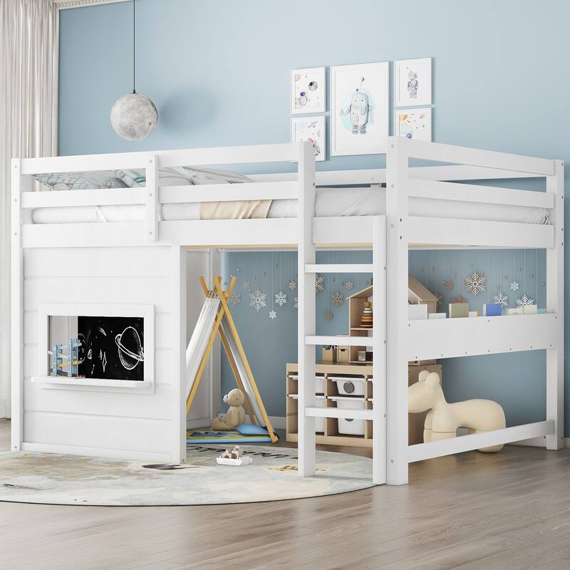 Full Size loft bed with a playful sliding chalkboard, built-in bookshelf, and high-quality safety rails