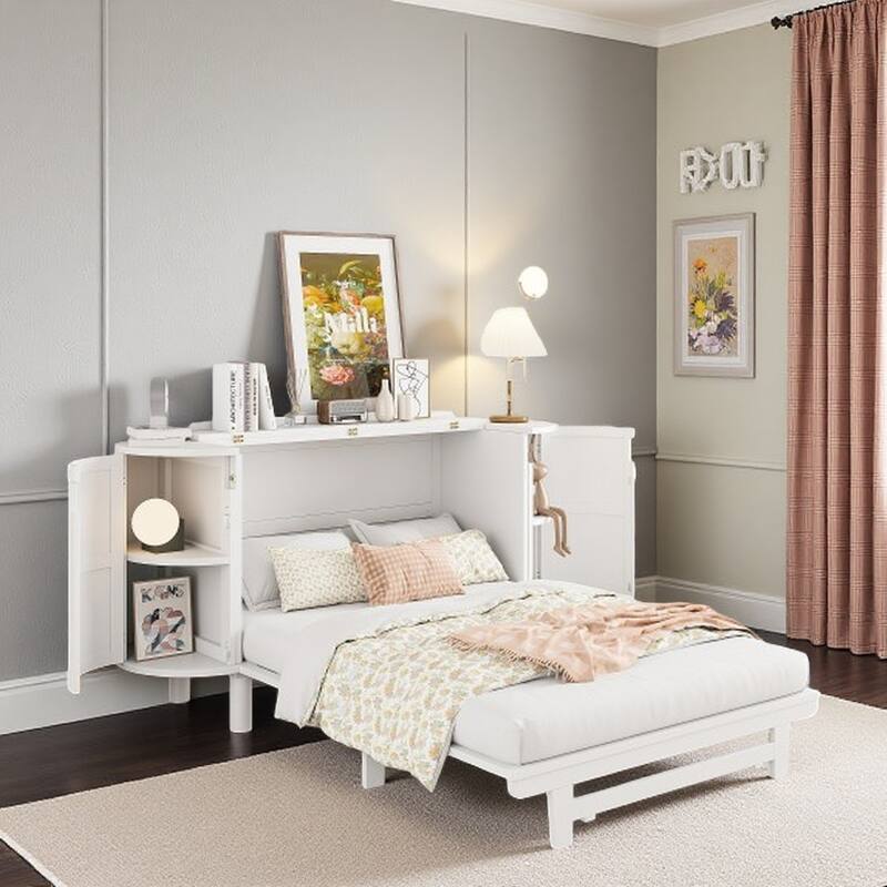 Queen Size Murphy Bed with Hidden Storage, Side Cabinets, and Woven Drawer Design, Space-Saving Foldable Bed - Full White - Full