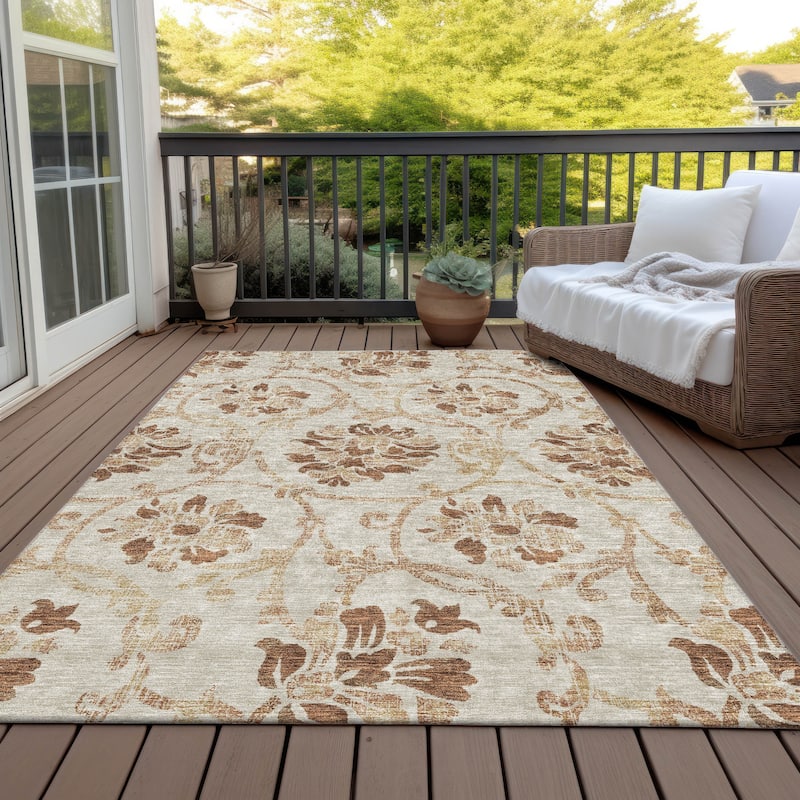 Machine Washable Indoor/ Outdoor Chantille Scroll Floral Rug - Terracotta - 3' x 5'