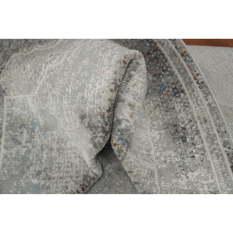 Machine Made Oriental Polyester Carpet Traditional Medallion Greys & Charcoal Tabriz Area Rug - 7' 5'' X 5' 2''