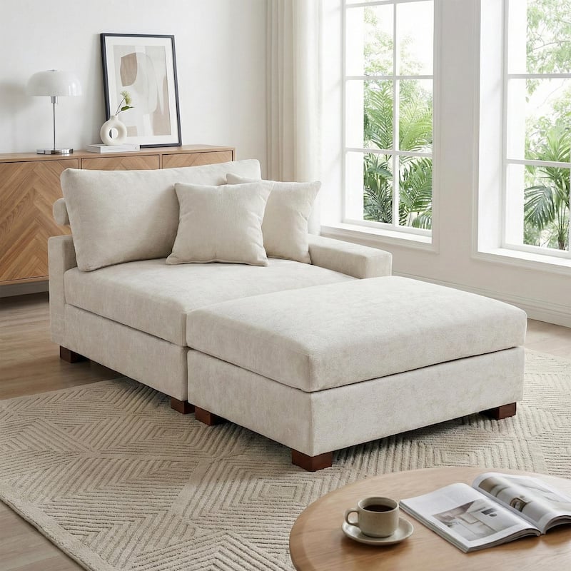Modern Chenille Chaise Lounge Set with Ottoman - Right Facing - Off White
