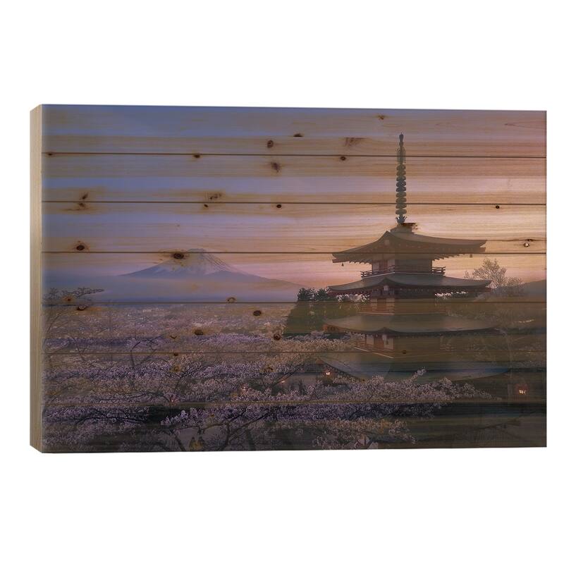 Mt Fuji Sakura Print On Wood by Javier de la Torre - Multi-Color - 18x26x1.5