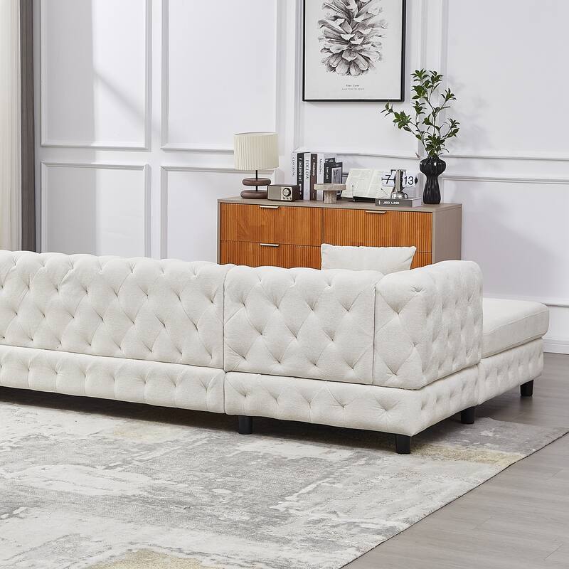 U-Shaped Chenille Sofa with Two Chaise Longue Seats and Pillows.