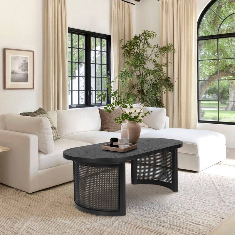 48" Oval Solid Oak Rattan Coffee Table