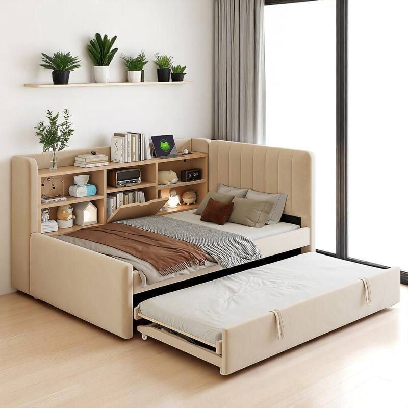 Multi-Functional Twin Daybed with Hidden Trundle, Storage Shelves, USB Ports & Power Outlet