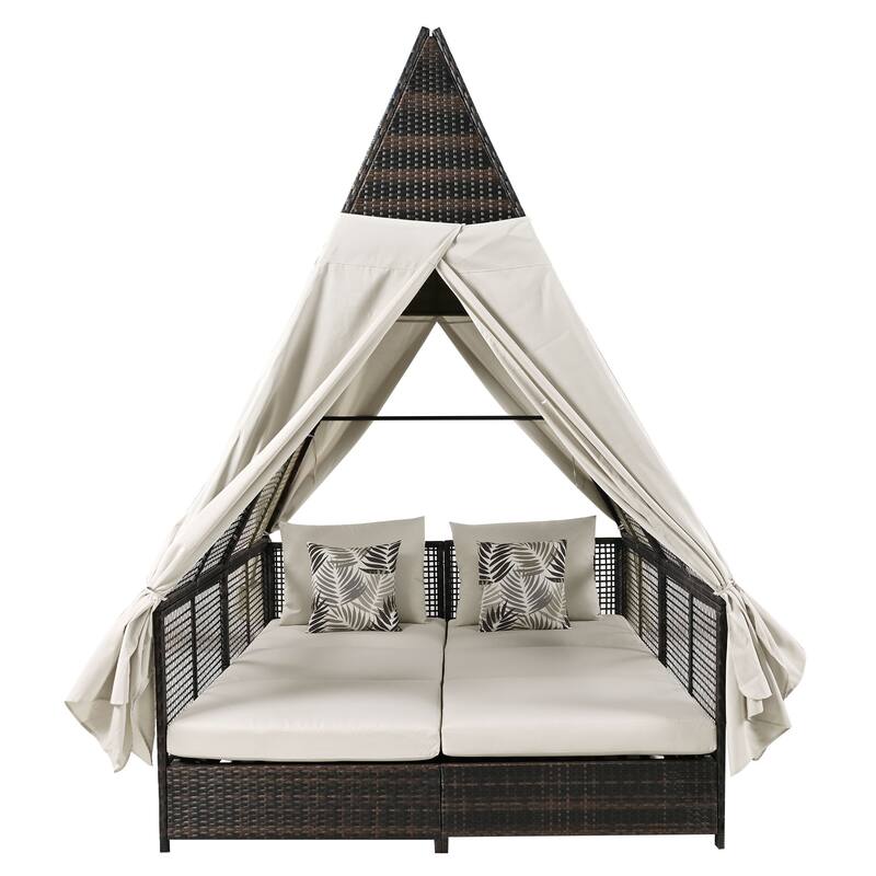 Outdoor Patio Rattan Daybed Sunbed with Triangle Tent, Adjustable Backrest, and Curtains