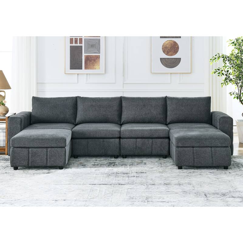 Grey Modular 4Seater UShaped Sectional Sofa with Movable Ottomans
