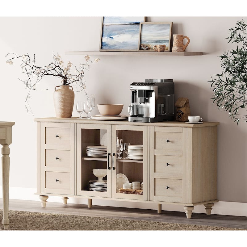 Farmhouse Sideboard with Glass Door, Buffet & cabinet for Kitchen - 58" - Beige