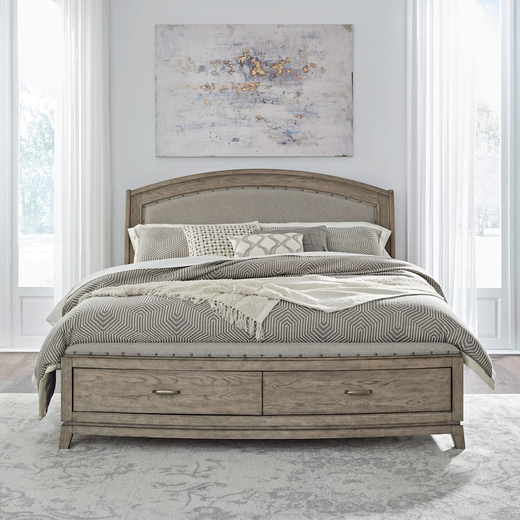 Avalon Burnished Beige Oak Upholstered Storage Bed with Dresser, Mirror, Chest Bedroom Set - King, Queen